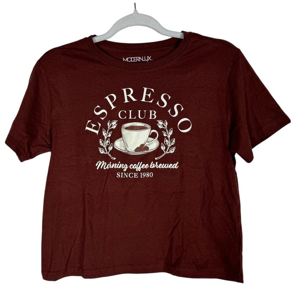 Women's Brown Short Sleeve Moderlux Cropped T-shirt Espresso Coffee Club Humor M